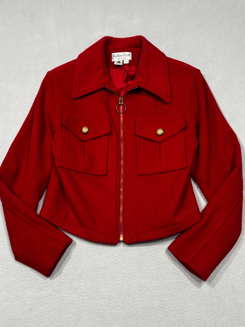 Vintage Ashley Scott Wool Cropped Bomber Jacket Holiday Red Cropped Coat